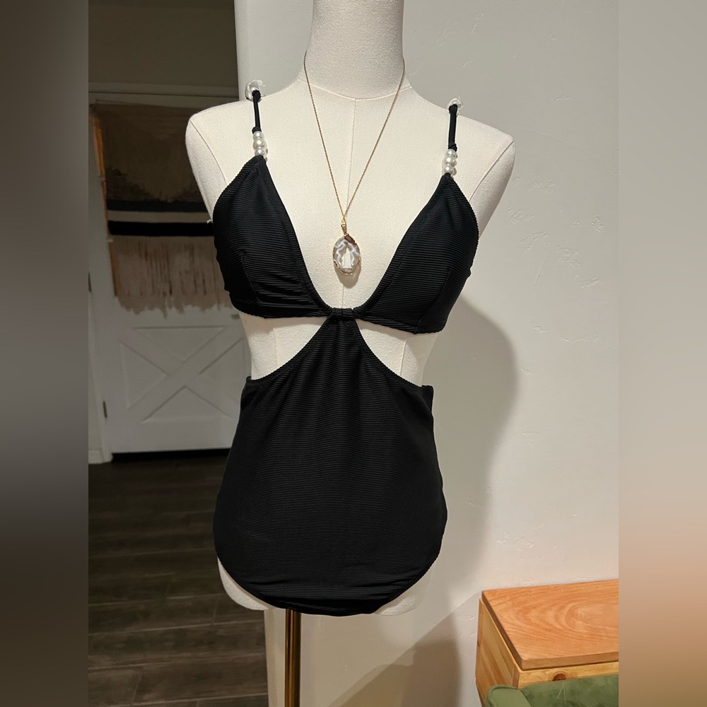 NWT J. Crew Black One-Piece Swimsuit with Pearl Assents